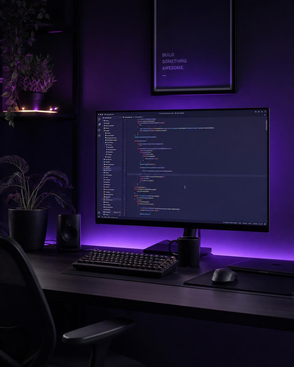 A premium developer workspace lit by indigo ambient light
